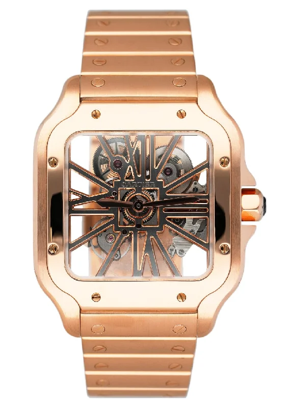 Shop Cartier Watches for Luxury That Lasts –Cartier Santos Large WHSA0016 Skeleton Dial Rose Gold Mens Watch Papers Box