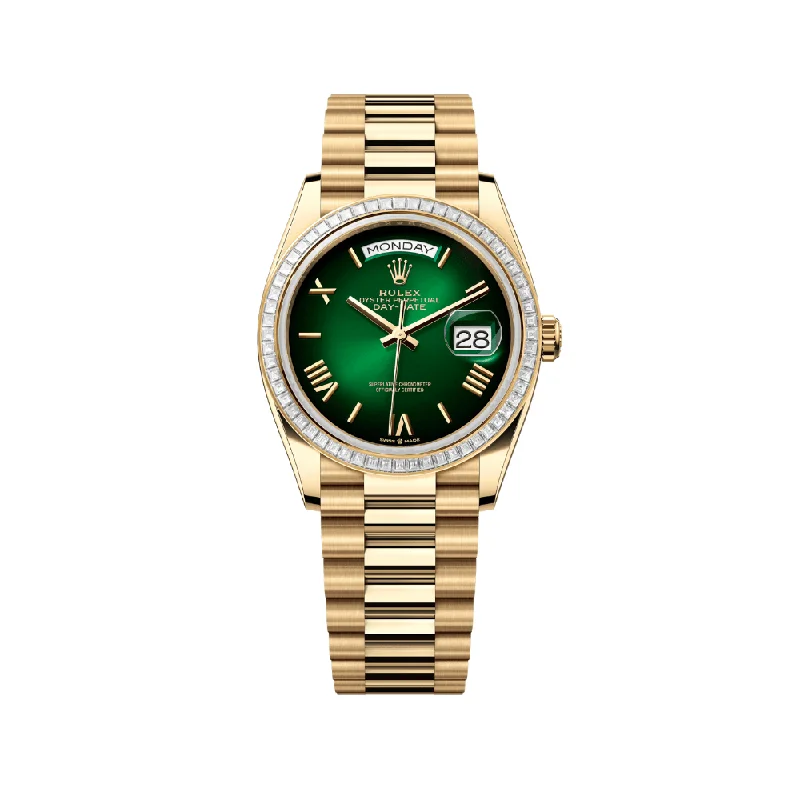 Rolex Watches: Built for the Elite –Rolex Day-Date 128398TBR Yellow Gold Green Ombre Roman Numeral Dial Baguette Diamond Bezel