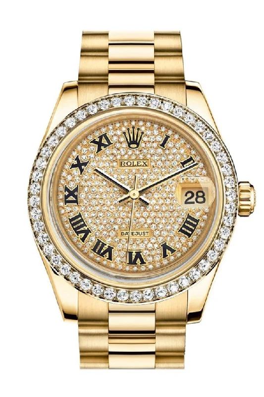 Discover the Latest Rolex Models Now –Rolex Datejust 31 Diamond Paved Dial Diamond Bezel 18K Yellow Gold President Ladies Watch 178288 Pre-owned