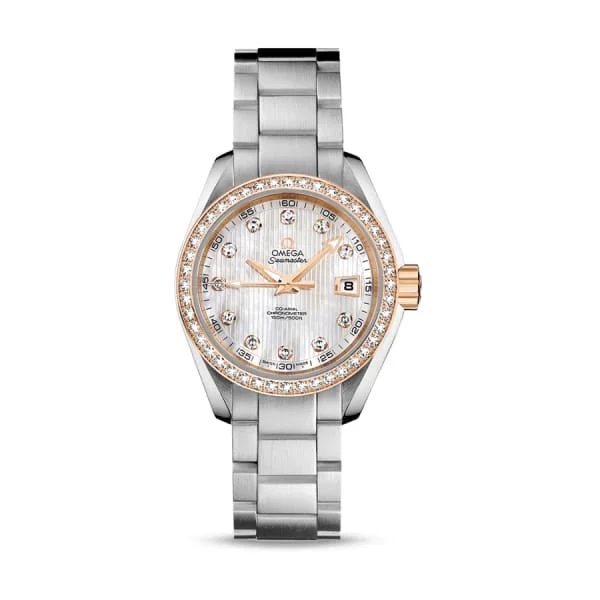 Omega Watches: Built for Performance and Luxury –Omega Seamaster 30mm Watch - Ref: 231.25.30.20.55.003 - White Mother of Pearl Diamond Index Dial & Diamond Bezel in 18K Rose Gold Case, Stainless Steel Bracelet