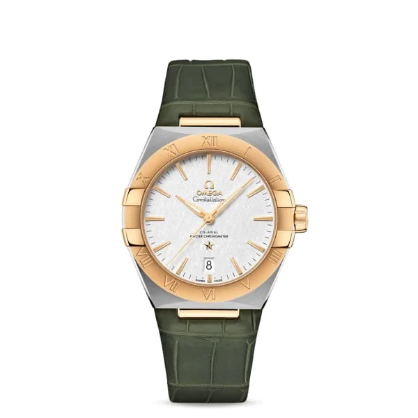 Explore Omega Watches for Precision Timekeeping –Omega Constellation 39mm Watch - Ref: 131.23.39.20.02.002 - Silver Index Dial & 18K Yellow Gold Bezel, Green Leather Strap