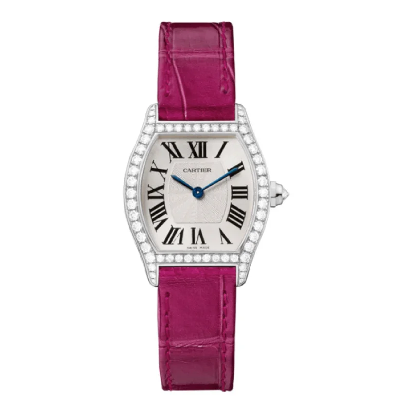 Cartier Watches: Luxury for the Modern Era –Cartier Cartier Tortue 30mm Women's watch - Ref: WA501007 - White Roman Dial & Diamond Bezel in 18K White Gold Case, Pink Leather Strap