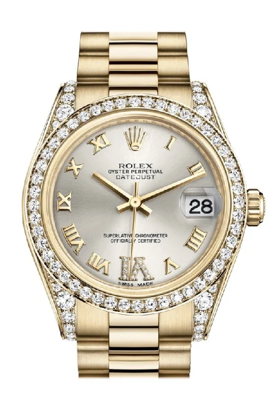 Shop Rolex Watches for Discerning Tastes –Rolex Datejust 31 Silver Large VI Rubies Dial Diamond Bezel Lug 18K Yellow Gold President Ladies Watch 178158 Pre-owned