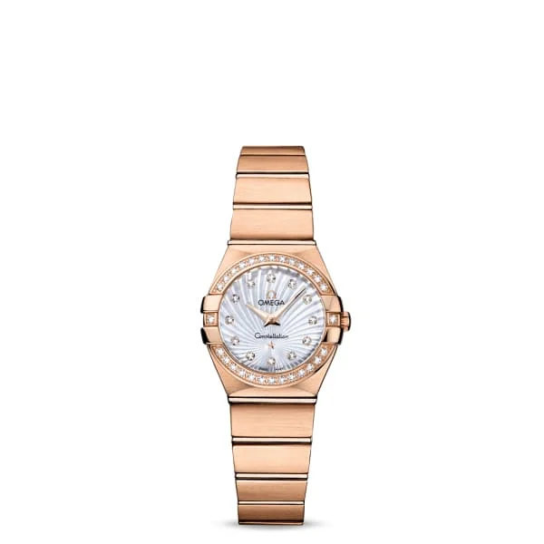 Shop Omega Watches Online –Omega Constellation 24mm Watch - Ref: 123.55.24.60.55.001 - White Mother of Pearl Diamond Index Dial & Diamond Bezel, 18K Rose Gold Bracelet