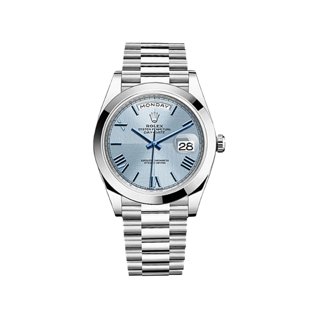 Shop Iconic Rolex Watches Today –Rolex Day-Date 228206 Platinum Ice Blue Roman Dial