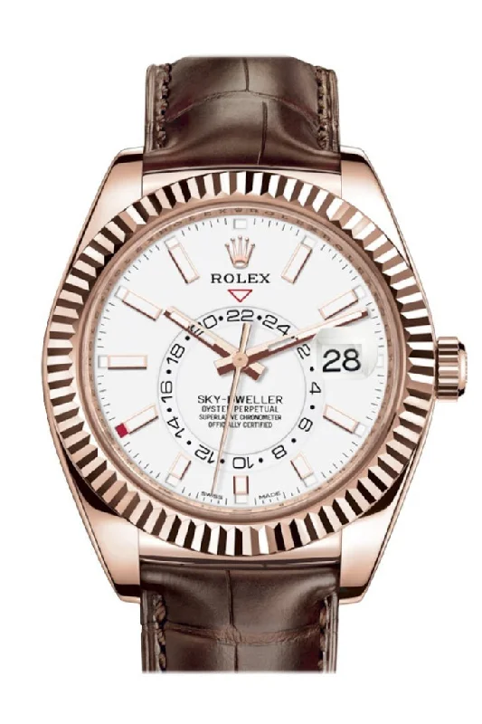 Rare Rolex Watches Online –Rolex Sky Dweller White Dial 18k Rose Gold Brown Leather Strap Men's Watch 326135