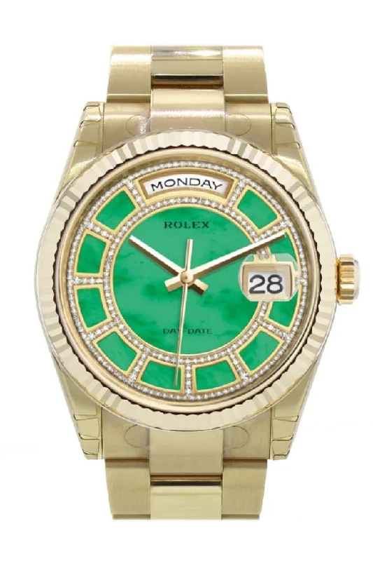 Shop Rolex Watches with Legendary Craftsmanship –Rolex Day-Date 36 Carousel of green jade Dial Fluted Bezel Yellow Gold Watch 118238