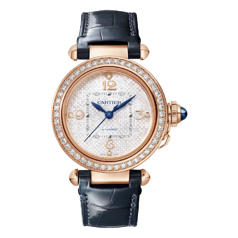 Find Your Perfect Cartier Watch Today –Cartier Pasha de Cartier 35mm Women's watch - Ref: WJPA0027 - Silver Arabic Dial & Diamond Bezel in 18K Rose Gold Case, Blue Leather Strap