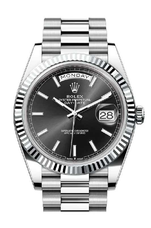 Authentic Rolex Watches for You –Rolex Day-Date 40 Black Dial Fluted Bezel Platinum President Men's Watch 228236