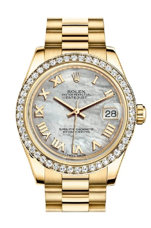 Discover Rolex Watches for Every Lifestyle –Rolex Datejust 31 White Mother of Pearl Roman Dial Diamond Bezel 18K Yellow Gold President Ladies Watch 178288 Pre-owned