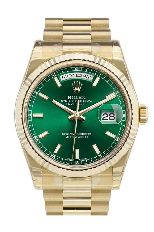 Find Exclusive Rolex Models Online –Rolex Day-Date 36 Green Dial Fluted Bezel President Yellow Gold Watch 118238