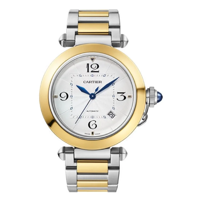 Shop Cartier Watches for Unmatched Quality –Cartier Pasha de Cartier 41mm Watch - Ref: W2PA0009 - Silver Arabic Dial, Two Tone Stainless Steel & 18K Yellow Gold Bracelet