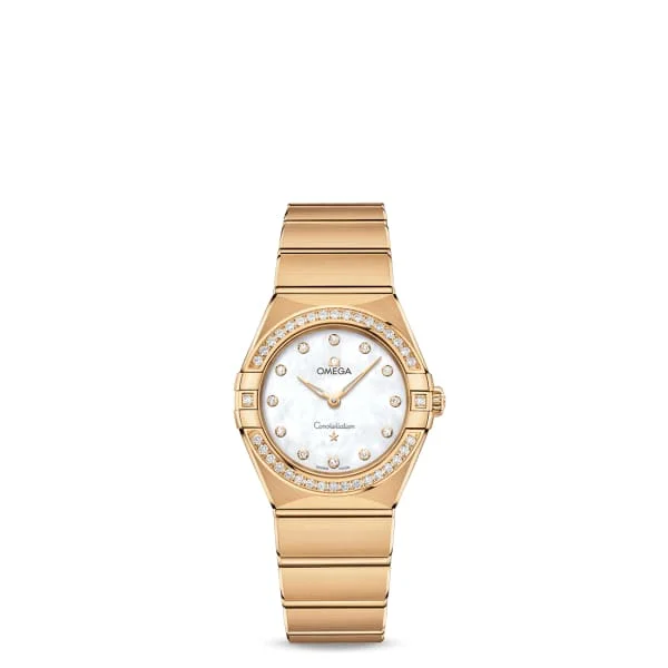 Omega Watches: Iconic Models for the Modern Collector –Omega Constellation 28mm Watch - Ref: 131.55.28.60.55.002 - White Mother of Pearl Diamond Index Dial & Diamond Bezel, 18K Yellow Gold Bracelet