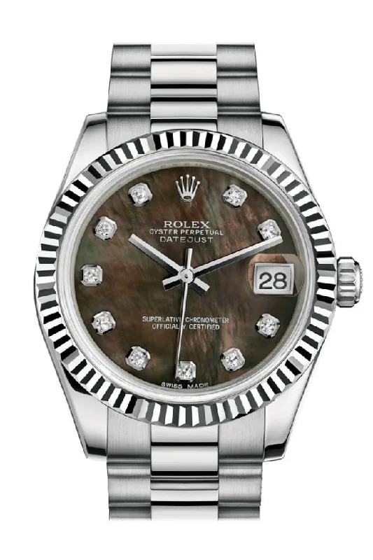 Find Your Perfect Rolex Watch for Every Moment –Rolex Datejust 31 Black mother-of-pearl Diamond Dial Fluted Bezel 18K White Gold President Ladies Watch 178279 Pre-owned