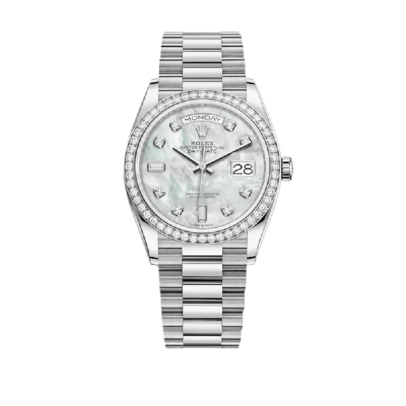 Discover Your Ideal Rolex Watch –Rolex Day-Date 128349RBR White Gold Diamond Bezel Mother of Pearl Diamond Dial