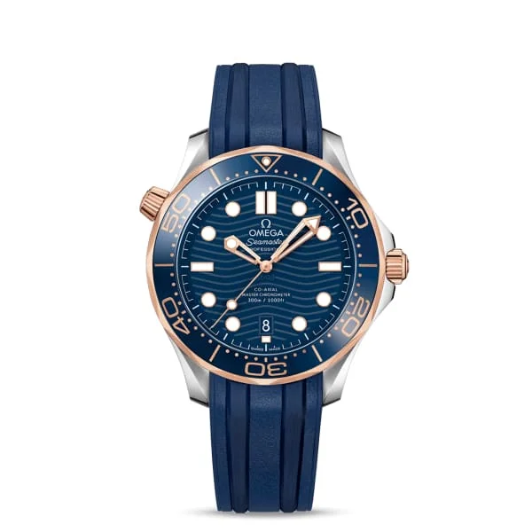 Omega Watches: Perfect for Every Discerning Collector –Omega Seamaster 42mm Watch - Ref: 210.22.42.20.03.002 - Blue Index Dial in Two Tone Stainless Steel & 18K Rose Gold Case, Blue Rubber Strap