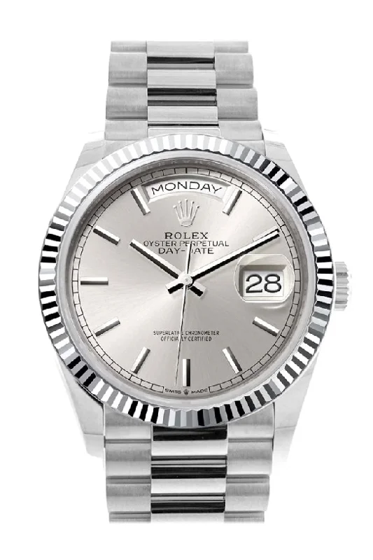 Rolex Watches: Precision Meets Timeless Elegance –Rolex Day-Date 36 Silver Dial Fluted Bezel Platinum President Watch 128236