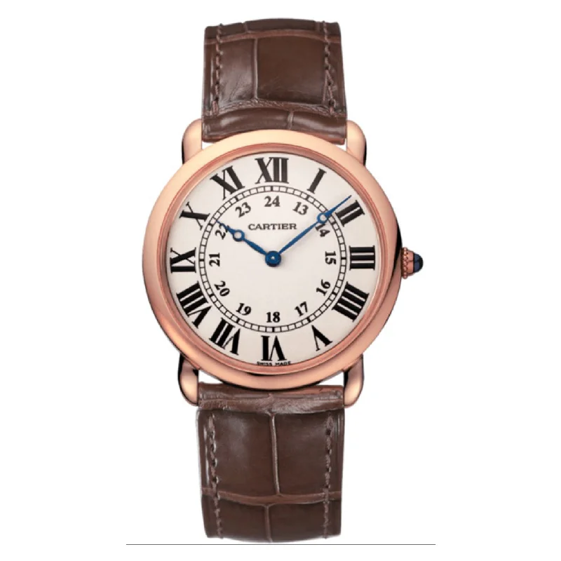 Shop Cartier Watches for Exclusive Designs –Cartier Ronde Solo de Cartier 36mm Watch - Ref: W6800251 - Silver Roman & Arabic Dial in 18K Rose Gold Case, Brown Alligator Strap