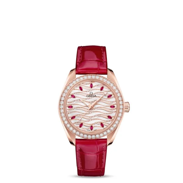 Shop Omega Watches for Every Style –Omega Seamaster 34mm Watch - Ref: 220.58.34.20.99.004 - White Pave Diamond Ruby Index Dial & Diamond Bezel in 18K Rose Gold Case, Red Leather Strap