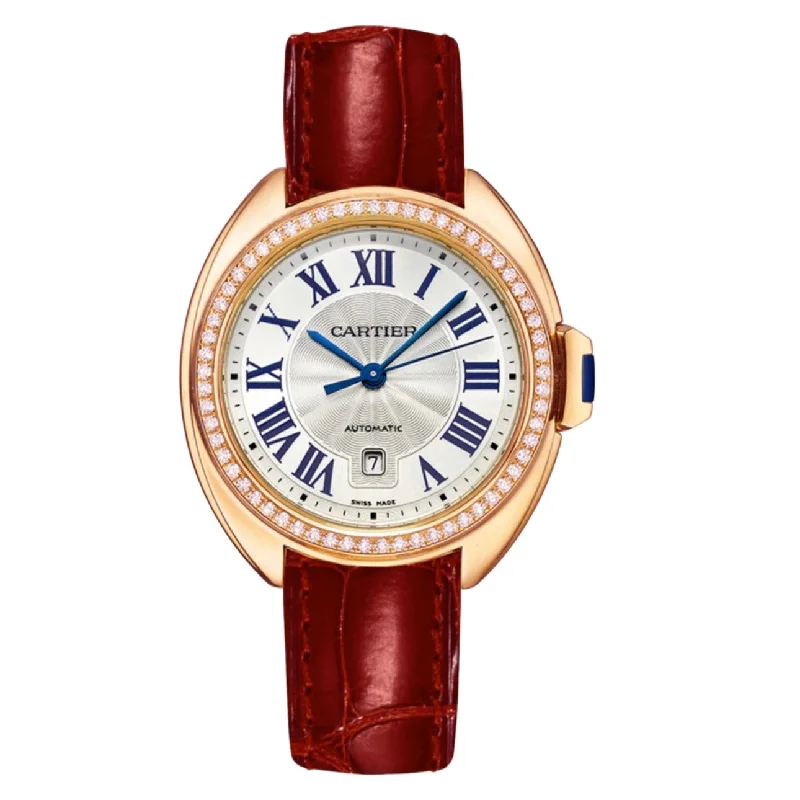 Cartier Watches: Built for Performance and Style –Cartier Cle de Cartier 31mm Women's watch - Ref: WJCL0016 - Silver Roman Dial & Diamond Bezel in 18K Rose Gold Case, Red Leather Strap