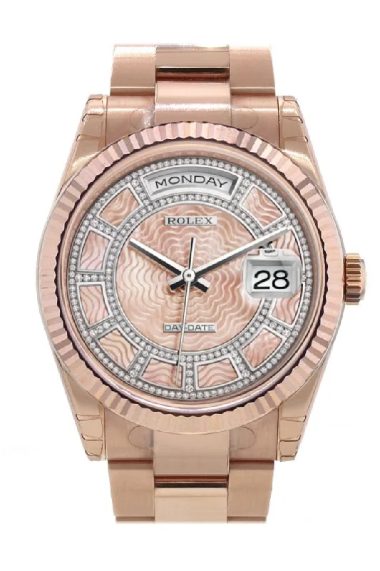 Rolex Watches: Invest in Timeless Luxury –Rolex Day-Date 36 Carousel of pink mother-of-pearl Dial Fluted Bezel Oyster Everose Gold Watch 118235