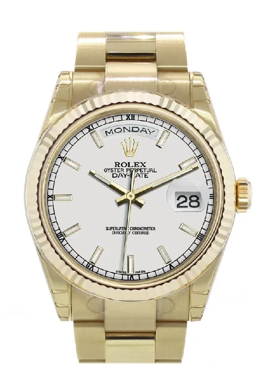 Rolex Watches: A True Symbol of Swiss Craftsmanship –Rolex Day-Date 36 White Dial Fluted Bezel Oyster Yellow Gold Watch 118238