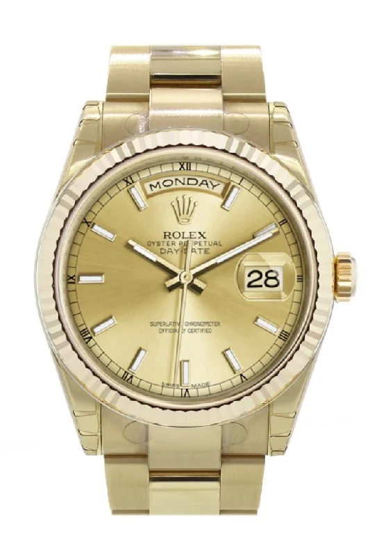 Discover Rolex Watches for a Lifetime of Luxury –Rolex Day-Date 36 Champagne-colour Dial Fluted Bezel Yellow Gold Watch 118238