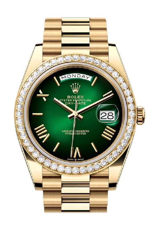 Find Your Perfect Rolex Watch for Every Occasion –Rolex Day Date 40 Green Ombre Roman Dial Diamond Bezel Yellow Gold President Bracelet 228348RBR