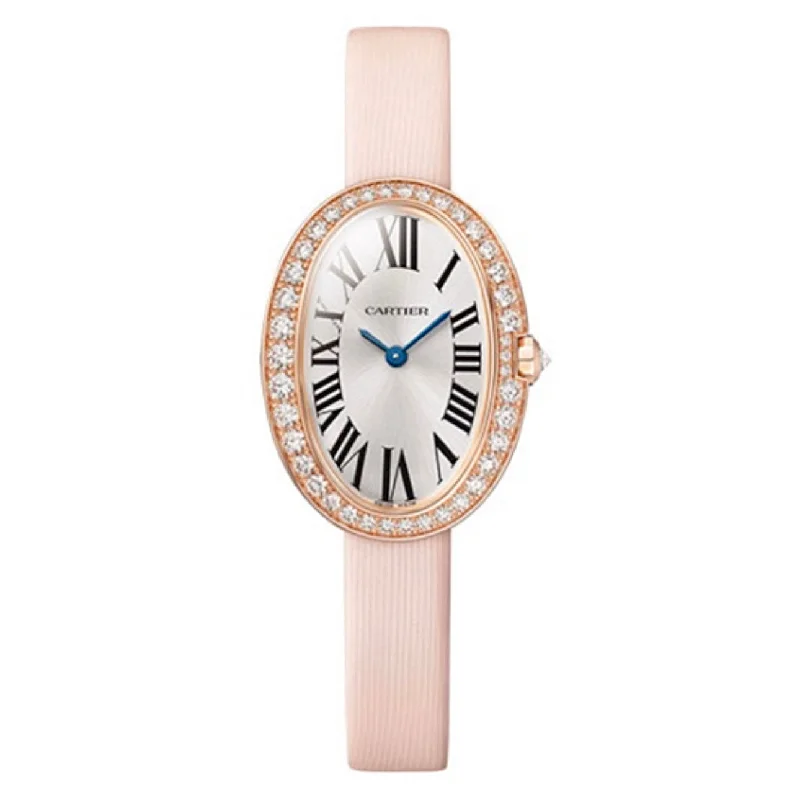 Cartier Watches: Designed for the Elite Collector –Cartier Baignoire 31.6mm Women's watch - Ref: WJBA0027 - Silver Roman Dial & Diamond Bezel in 18K Rose Gold Case, Pink Leather Strap