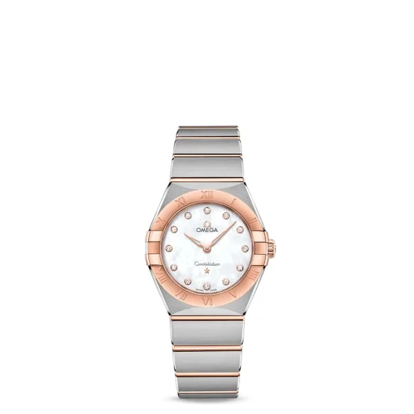 Omega Watches: Designed for Timeless Elegance –Omega Constellation 28mm Watch - Ref: 131.20.28.60.55.001 - White Mother of Pearl Diamond Index Dial & 18K Rose Gold Bezel, Two Tone Stainless Steel & 18K Rose Gold Bracelet