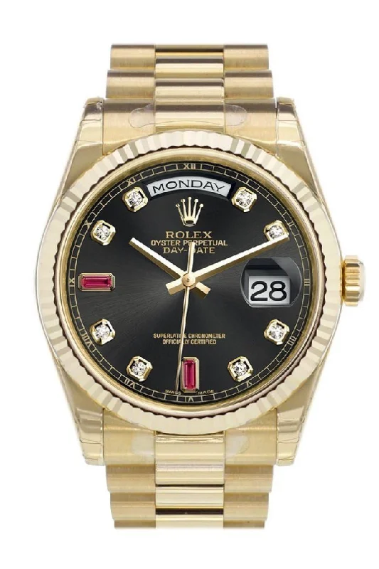 Find Iconic Rolex Timepieces for the True Collector –Rolex Day-Date 36 Black set with diamonds and rubies Dial Fluted Bezel President Yellow Gold Watch 118238