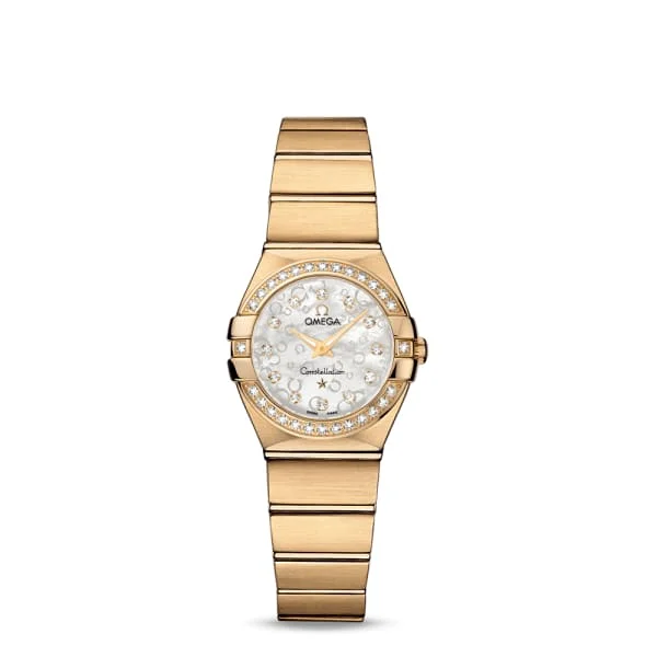 Discover the Best Omega Watches for Sale –Omega Constellation 24mm Watch - Ref: 123.55.24.60.55.016 - White Mother of Pearl Diamond Index Dial & Diamond Bezel, 18K Yellow Gold Bracelet