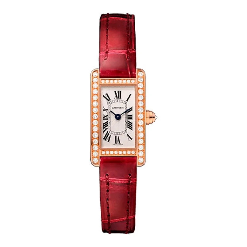 Cartier Watches: Precision Crafted for Excellence –Cartier Tank Americaine 27mm Women's watch - Ref: WB710014 - Silver Roman Dial & Diamond Bezel in 18K Rose Gold Case, Red Leather Strap