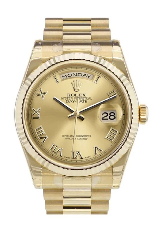 Shop Rare Rolex Timepieces for Ultimate Style –Rolex Day-Date 36 Champagne-colour Roman Dial Fluted Bezel President Yellow Gold Watch 118238