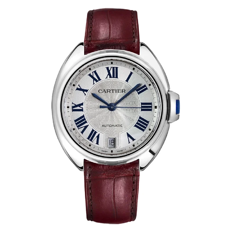 Shop Cartier Watches for Impeccable Craftsmanship –Cartier Cle de Cartier 35mm Women's watch - Ref: WSCL0017 - Silver Roman Dial, Bordeaux Leather Strap