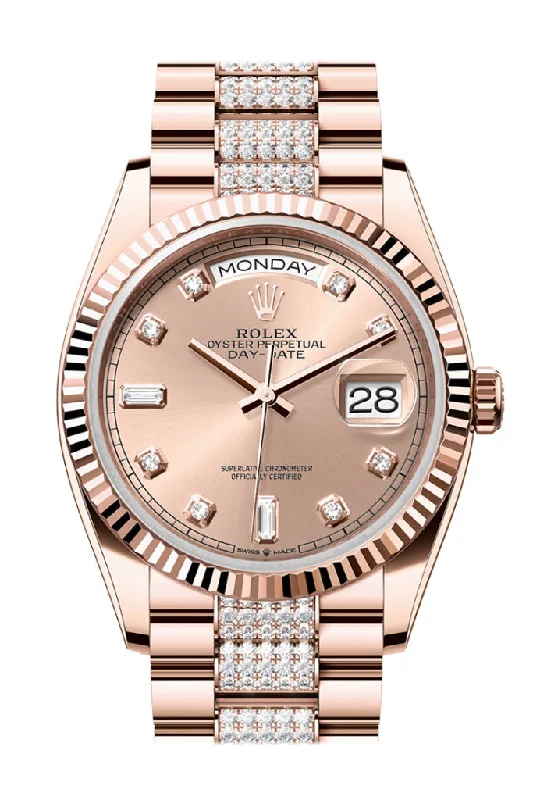 Explore Rolex Watches for Timeless Appeal –Rolex Day-Date 36 Rosé Colour Diamond Dial Fluted Bezel 18K Everose gold Diamond  President Watch 128235