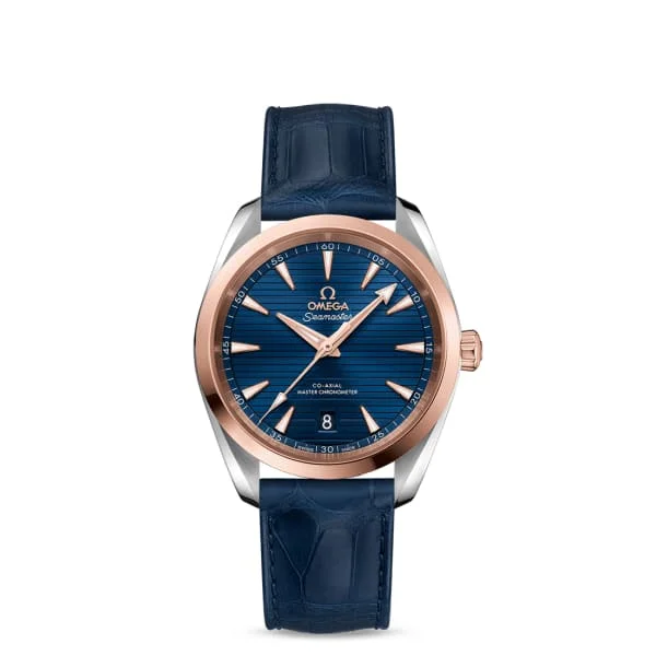 Shop Omega Watches for Timeless Elegance –Omega Seamaster 38mm Watch - Ref: 220.23.38.20.03.001 - Blue Index Dial in Two Tone Stainless Steel & 18K Rose Gold Case, Blue Rubber Strap