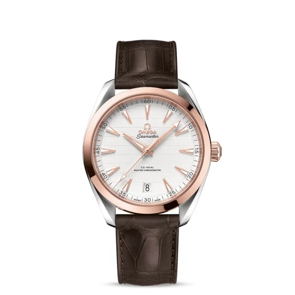 Shop Omega Watches for Exclusive Models –Omega Seamaster 41mm Watch - Ref: 220.23.41.21.02.001 - Silver Index Dial in Two Tone Stainless Steel & 18K Rose Gold Case, Brown Leather Strap