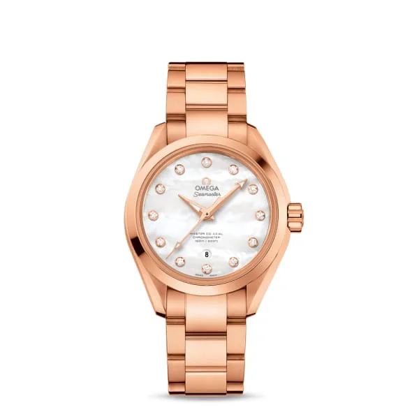 Shop Omega Watches for Iconic Models –Omega Seamaster 34mm Watch - Ref: 231.50.34.20.55.001 - White Mother of Pearl Diamond Index Dial, 18K Rose Gold Bracelet