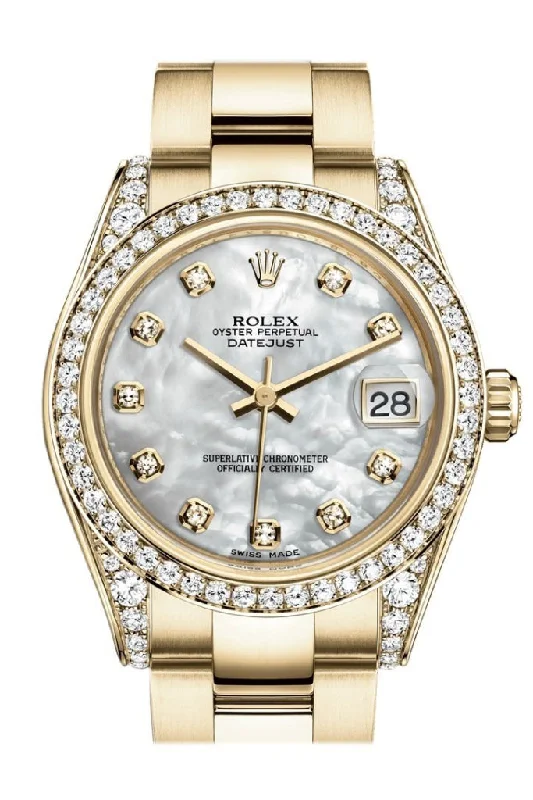 Shop Rolex Watches for Lasting Elegance –Rolex Datejust 31 White Mother of Pearl Diamond Dial Diamond Bezel Lug 18K Yellow Gold Ladies Watch 178158 Pre-owned