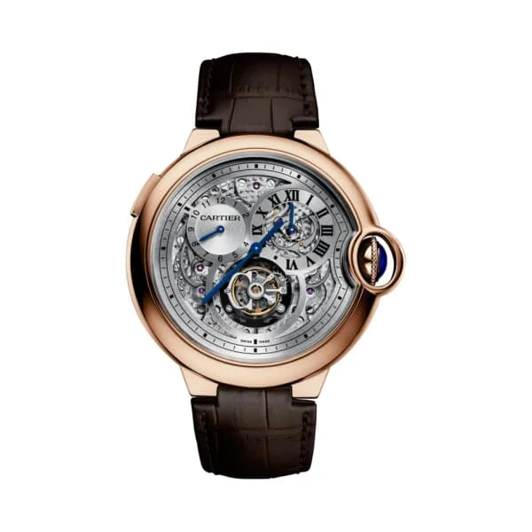 Discover Your Perfect Cartier Watch –Cartier Ballon Bleu de Cartier 46.4mm Watch - Ref: W6920045 - Silver Openwork Skeleton Roman Dial in 18K Rose Gold Case, Brown Alligator Strap