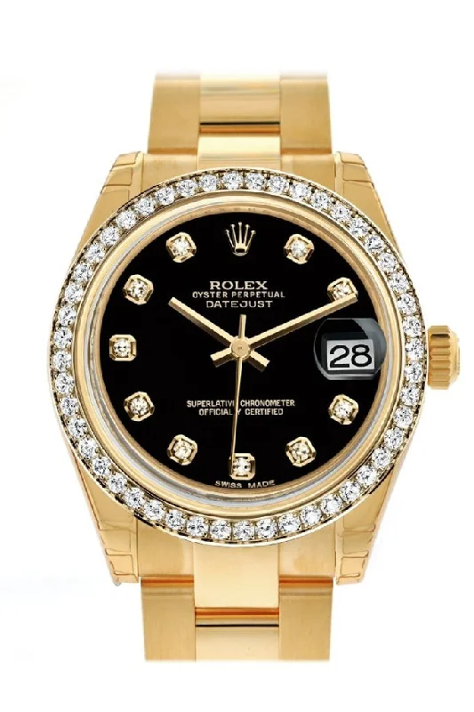 Shop for Rolex Watches for Unmatched Elegance –Rolex Datejust 31 Black Diamond Dial Diamond Bezel 18K Yellow Gold Ladies Watch 178288 Pre-owned