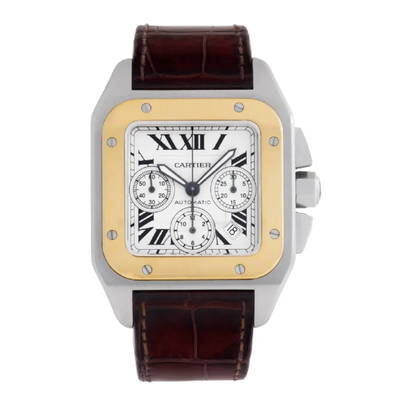 Shop Cartier Watches for Iconic Design –Cartier Santos 100 42mm Watch - Ref: W20091X7 - White Roman Dial & 18K Yellow Gold Bezel, Brown Leather Strap