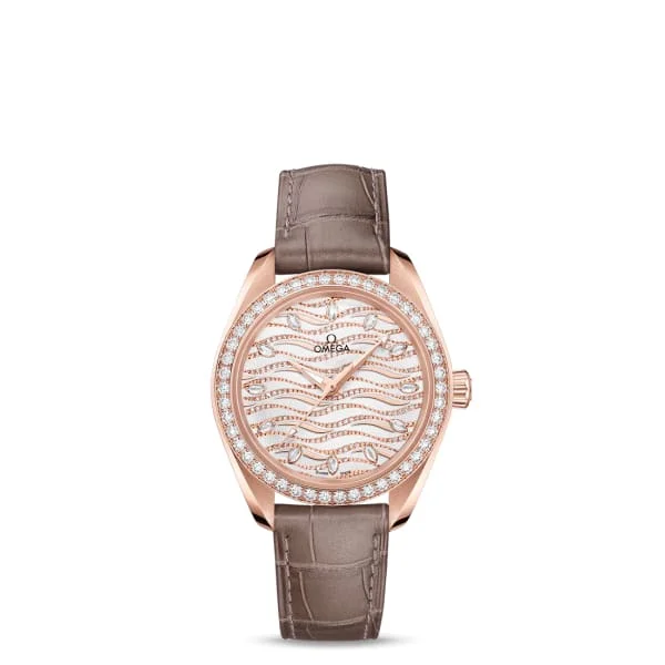 Discover Omega Watches for Every Occasion –Omega Seamaster 34mm Watch - Ref: 220.58.34.20.99.006 - White Pave Diamond Index Dial & Diamond Bezel in 18K Rose Gold Case, Brown Leather Strap