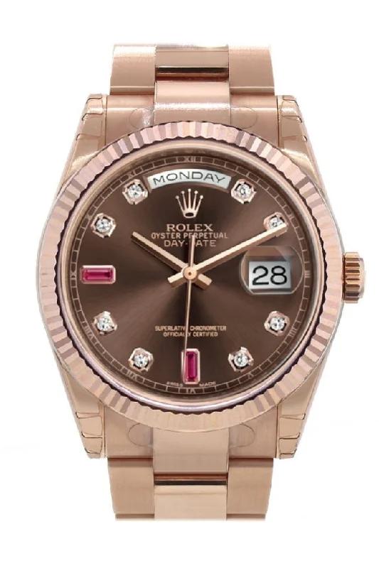 Discover Classic Rolex Timepieces Now –Rolex Day-Date 36 Chocolate set with diamonds and rubies Dial Fluted Bezel Oyster Everose Gold Watch 118235