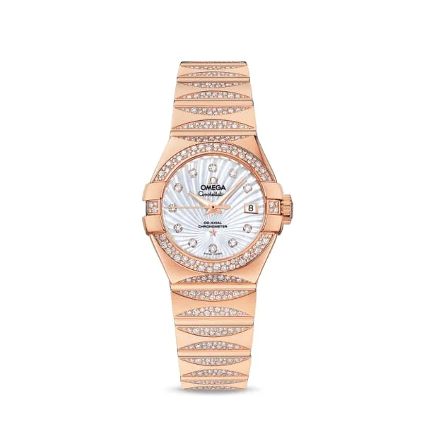 Shop Omega Watches Online –Omega Constellation 27mm Watch - Ref: 123.55.27.20.55.003 - White Mother of Pearl Diamond Index Dial, 18K Rose Gold Diamond Bracelet