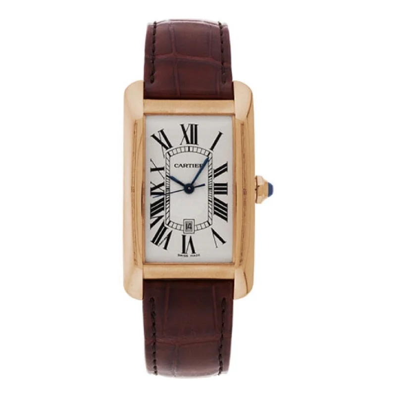 Explore Cartier’s Timeless Watch Collection –Cartier Tank Americaine 45.1mm Watch - Ref: W2609156 - Silver Roman Dial in 18K Rose Gold Case, Brown Alligator Strap