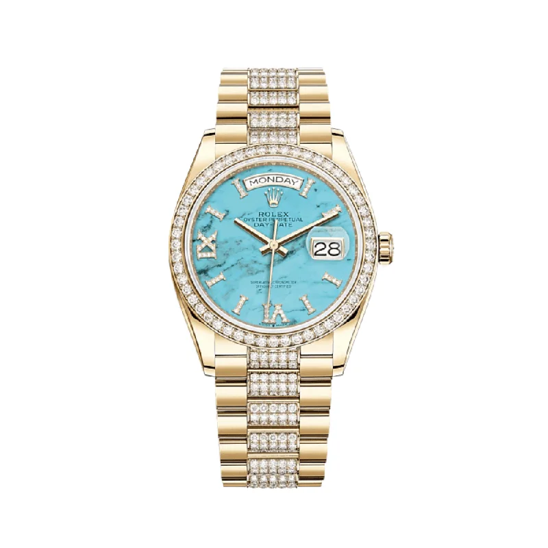 Explore Rolex Watches with Style and Precision –Rolex Day-Date 128348RBR Yellow Gold Diamond Bezel Turquoise Diamond Dial