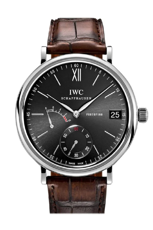 Shop IWC Watches for Iconic Swiss Quality –IWC Portofino Manual Wind Eight Days Black Dial Brown Leather Men's Watch 5101-02