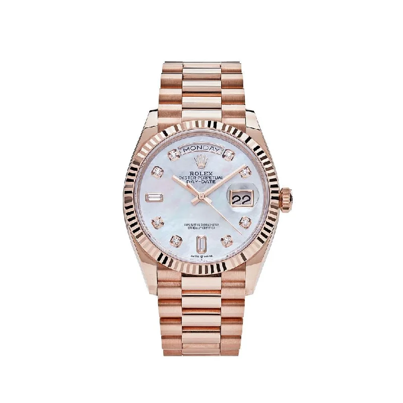 Rolex Watches: Precision Meets Timeless Elegance –Rolex Day-Date 128235 Rose Gold Mother of Pearl Diamond Dial